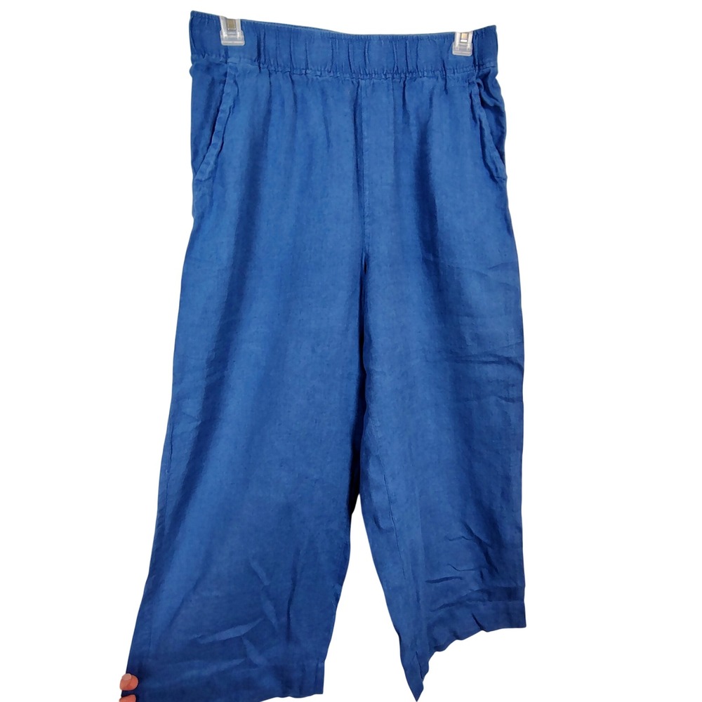Tahari Essentials Blue 100% Linen Wide Leg Elastic Waist Pants Mens Large